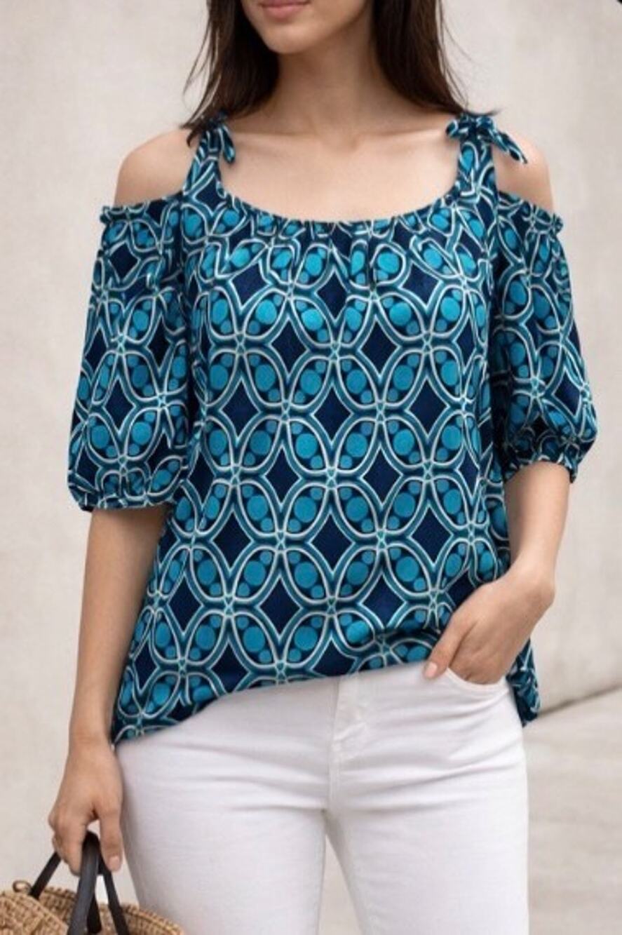INC International Concepts Teal Geometric Cold Shoulder Blouse Medium 3/4 sleeve